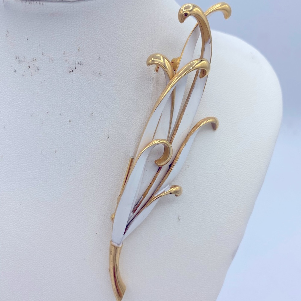 Vintage Signed Monet Gold Tone White Enamel Leaf  Brooch 4” Statement Brooch